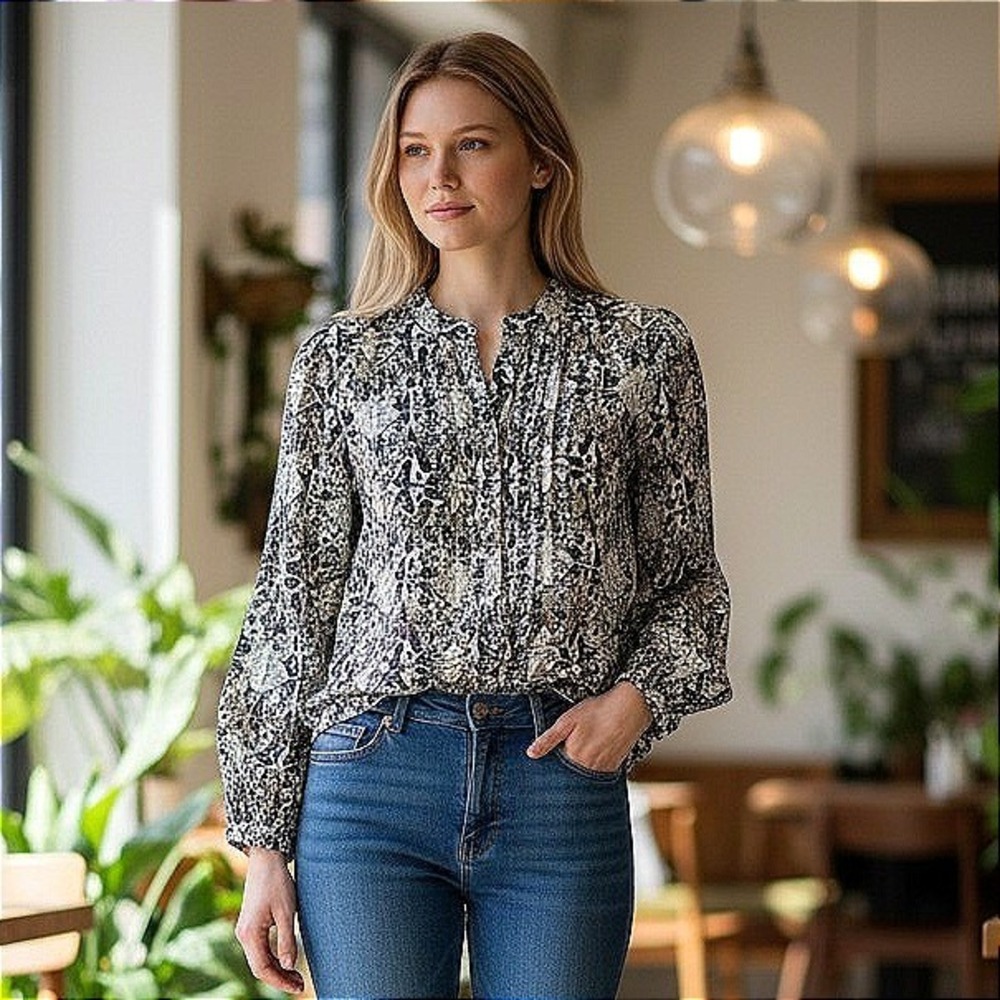 Nine West Vintage America Collection Womens Small Geometric Print Pleated Blouse